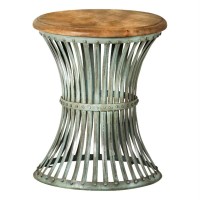 Matyas Round Accent Table with Natural Top and Blue Distressed Base