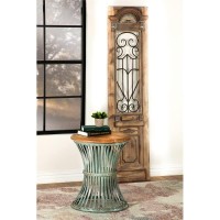 Matyas Round Accent Table with Natural Top and Blue Distressed Base