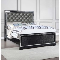 An elegant and regal design sure to add fame and fortune into your glamorous bedroom decorUpholstered headboard is tufted with bling buttonsFeatures mirror trim accents, grid-patterned front panels in a glowing black finishMirrored strips reflecting elega