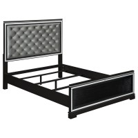 An elegant and regal design sure to add fame and fortune into your glamorous bedroom decorUpholstered headboard is tufted with bling buttonsFeatures mirror trim accents, grid-patterned front panels in a glowing black finishMirrored strips reflecting elega