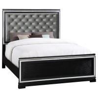 An elegant and regal design sure to add fame and fortune into your glamorous bedroom decorUpholstered headboard is tufted with bling buttonsFeatures mirror trim accents, grid-patterned front panels in a glowing black finishMirrored strips reflecting elega