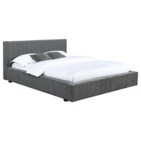 Platform style bed, ideal for a masculine modern touchUpholstered in a textured grey fabricSeamless padded headboardPadded side rails and footboard create the perfect mattress enclosureConstructed with pine wood and plywood