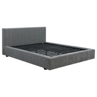 Platform style bed, ideal for a masculine modern touchUpholstered in a textured grey fabricSeamless padded headboardPadded side rails and footboard create the perfect mattress enclosureConstructed with pine wood and plywood