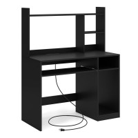 Ifanny Computer Desk With Hutch, Wood Office Desk With Power Outlet, Keyboard Tray And Cpu Stand, Work Desk For Home Office, Corner Writing Desk For Small Spaces, Black Desk For Bedroom