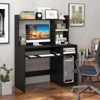 Ifanny Computer Desk With Hutch, Wood Office Desk With Power Outlet, Keyboard Tray And Cpu Stand, Work Desk For Home Office, Corner Writing Desk For Small Spaces, Black Desk For Bedroom