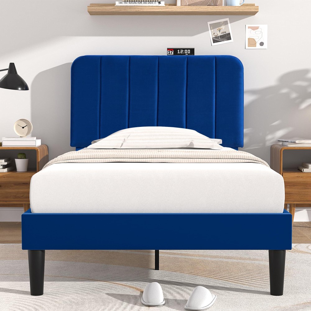 Vecelo Twin Size Upholstered Bed Frame With Adjustable Headboard Velvet Platform Bedframe Mattress Foundation Strong Wood Slat