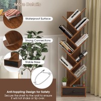 OFFICEJOY 10-Tier Tree Bookshelf, Floor Standing Bookshelf with Drawer, Small Bookcase for CDs, Books, Magazines,Utility Organizer Shelves for Living Room, Study, Bedroom, Office, School, Brown