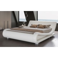 Sha Cerlin King Size Upholstered Bed Frame, Deluxe Low Profile Sleigh Bed With Faux Leather Ergonomics Headboard, No Box Spring Needed & Easy Assembly, White