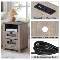 Nightstand with Charging Station,OKD 18'' Industrial & Farmhouse End Table with 2 Drawers & Open Cubby, Rustic Mesh Drawer Sofa Side Table w/Storage for Bedroom, Living Room, Office, Light Rustic Oak