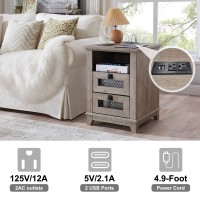 Nightstand with Charging Station,OKD 18'' Industrial & Farmhouse End Table with 2 Drawers & Open Cubby, Rustic Mesh Drawer Sofa Side Table w/Storage for Bedroom, Living Room, Office, Light Rustic Oak