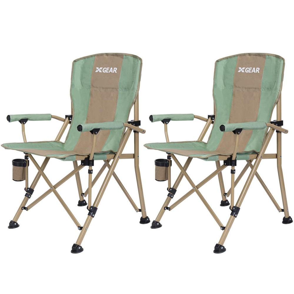 Xgear Camping Chair With Padded Hard Armrest, Sturdy Folding Camp Chair With Cup Holder W Mesh Storage Bag, Support To 400 Lbsfor Adults 2 Pack (Green)