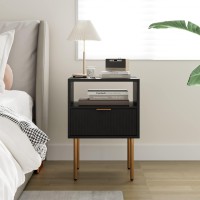 Masupu Nightstand,Mid-Century Modern Bedside Table With Storage Drawer And Open Wood Shelf,Small Gold Frame Side Table For Bedroom,Living Room (Modern-1, Black)