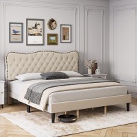 Senfot Full Size Bed Frame Linen Upholstered Platform Bed With Button Tufted And Adjustable Headboard, Heavy Duty Mattress Foundation With Wood Slats In Beige