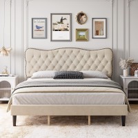 Senfot Full Size Bed Frame Linen Upholstered Platform Bed With Button Tufted And Adjustable Headboard, Heavy Duty Mattress Foundation With Wood Slats In Beige