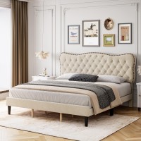 Senfot Full Size Bed Frame Linen Upholstered Platform Bed With Button Tufted And Adjustable Headboard, Heavy Duty Mattress Foundation With Wood Slats In Beige