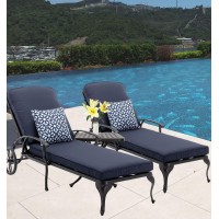 Luccalily Chaise Lounge Outdoor Chair With Side Table, Adjustable Reclining Rust-Resistant Aluminum Cast Poolside Chaise With Convenient Wheels, Outdoor Lounge Furniture Set Of 3, (Navy Blue)