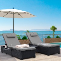 Waroom Outdoor Chaise Lounge Chairs For Outside Patio Furniture Set Of 2 Black Rattan Pool Reclining Chair Adjustable Backrest Sunbathing Pe Wicker Recliners With Grey Cushion