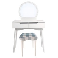 32 Inch 3 Piece Vanity Dressing Table Set with LED Mirror, 2 Drawers, cushioned Stool, White Solid Wood(D0102H5T3cX)