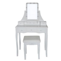 32 Inch 3 Piece Vanity Desk Set with LED Lights, 5 Drawers, cushioned Stool, White Solid Wood(D0102H5T32P)