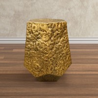 21 Inch Handcrafted Hexagonal Accent Metal End Table with Engraved Details, Aluminum, Antique Brass(D0102H5T3V8)