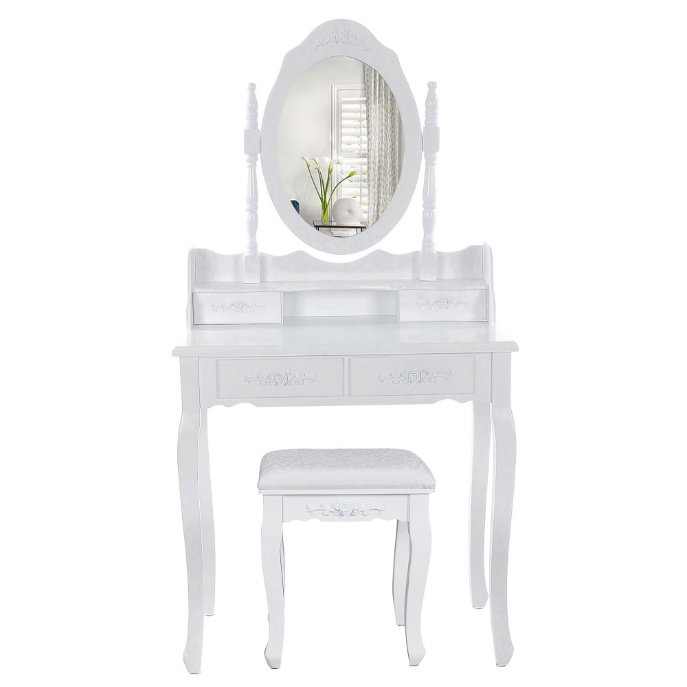Ren 30 Inch 3 Piece Vanity Desk Set with Rotating Mirror and Matching Stool, 4 Drawers, Pure White Solid Wood(D0102H5T3LT)