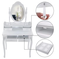 Ren 30 Inch 3 Piece Vanity Desk Set with Rotating Mirror and Matching Stool, 4 Drawers, Pure White Solid Wood(D0102H5T3LT)