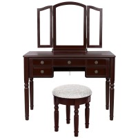 43 Inch 3 Piece Vanity Desk Set with Elegant Trifold Mirror and a cushioned Stool, Espresso Brown Solid Wood(D0102H5T3L6)