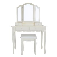 35 Inch 3 Piece Vanity Desk Set with cushioned Stool and Elegant Trifold Mirror, 4 Drawers, Off White Solid Wood(D0102H5T3QJ)