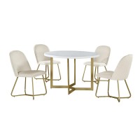 5pc round dining setWhite wood table w gold base and 4 Cream color side chairs