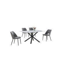 5pc dining set rectangle marble wrap glass table w 4 Dark Grey color side chairs