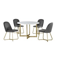 5pc round dining set White wood table w gold base and 4 Dark grey velvet side chairs