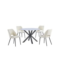 5pc round dining set marble wrap glass table 4 beige side chairs