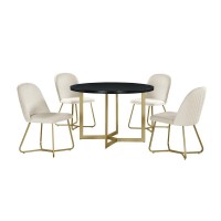 5pc round dining set Black wood table w gold base and 4 Cream color side chairs