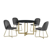 5pc round dining set Black wood table w gold base and 4 Dark Grey color side chairs