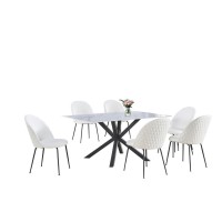 7pc dinging set white marble wrap glass table w 6 white side chairs