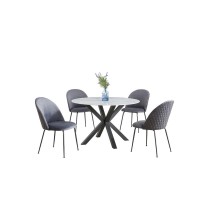 5pc round dining set marble wrap glass table w 4 dark grey side chairs