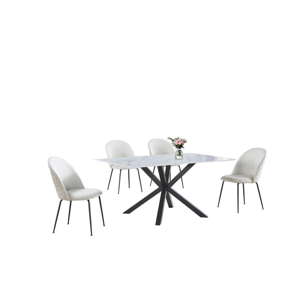 5pc dinging set white marble wrap glass table w 4 beige side chairs