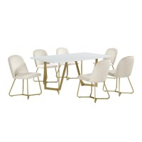 7pc rectangle dining table White wood top w 6 cream velvet side chairs