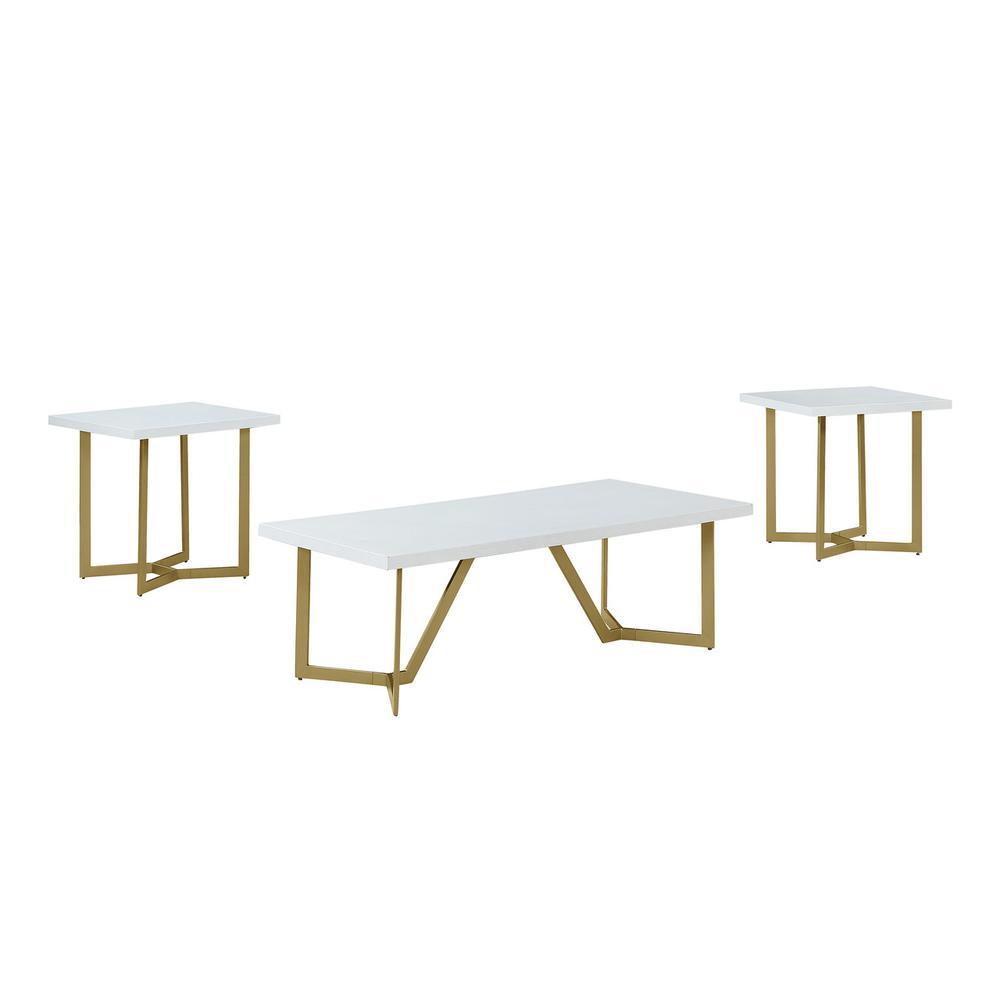 3pc White wood top coffee table set wgold color iron base 1Coffee2end table