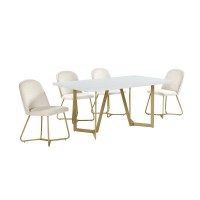 5pc rectangle dining table White wood top w 4 cream velvet chairs