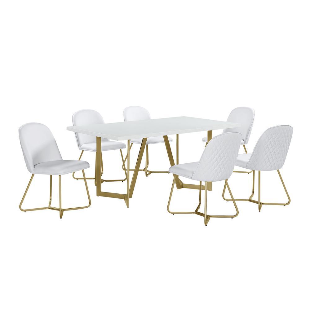 7pc rectangle dining tableWhite wood top w 6 white faux leather chairs