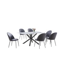 7pc dinging set white marble wrap glass table w 6 dark grey side chairs