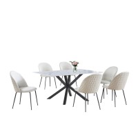 7pc dinging set white marble wrap glass table w 6 beige side chairs