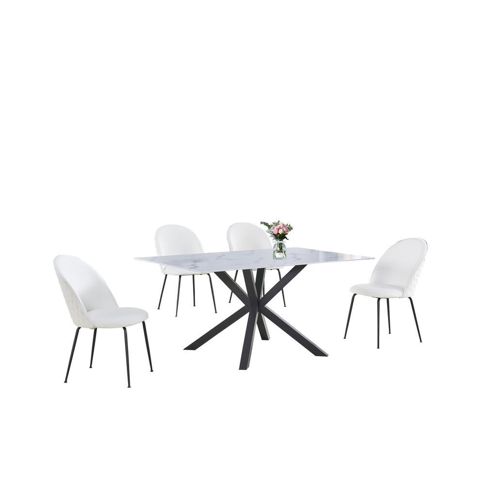 5pc dinging set white marble wrap glass table w 4 white side chairs