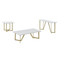 3pc White wood top coffee table set wgold color iron base 1Coffee1End1console table