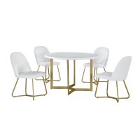 5pc round dining set White wood table w gold base and 4 White faux leather side chairs