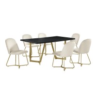 7pc rectangle dining table Black wood top w 6 cream velvet side chairs