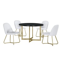 5pc round dining set Black wood table w gold base and 4 White faux leather side chairs