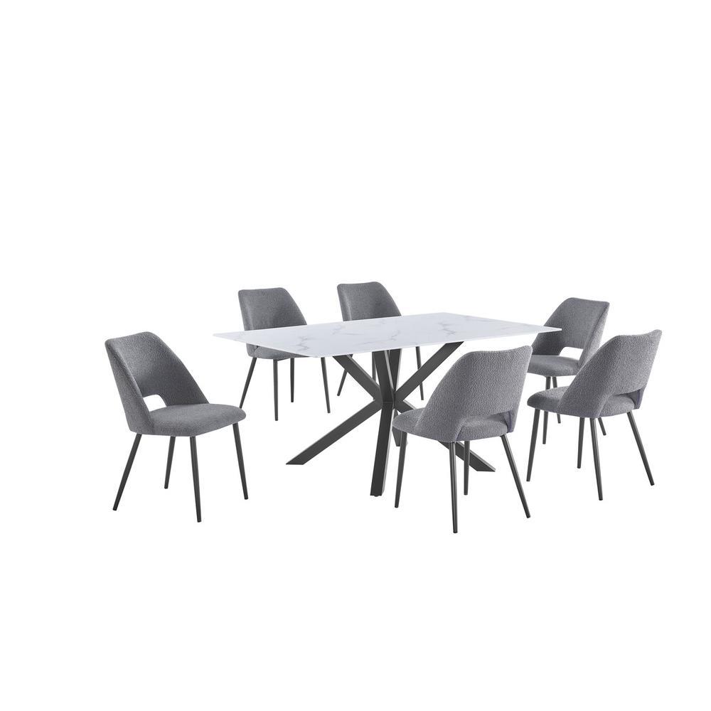 7pc dining set rectangle marble wrap glass table w 6 Dark Grey color side chairs