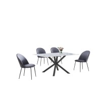 5pc dinging set white marble wrap glass table w 4 dark grey side chairs